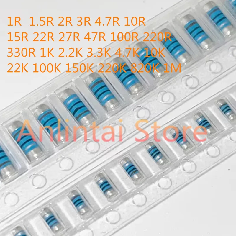 50PCS SMD Wafer Resistors 0204 0207 1R 1.5R 2R 3R 4.7R 10R 15R 22R 27R 47R 100R 220R 330R 1K 2.2K 150K Cylindrical resistor