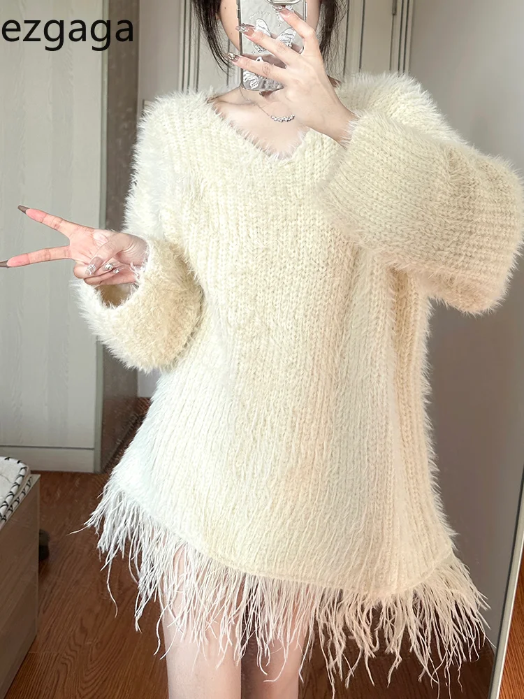 

Ezgaga Knitted Sweater Pullover Women Tassel Patchwork Slash Neck Long Sleeve Loose Solid Outwear Fashion Jumper Female