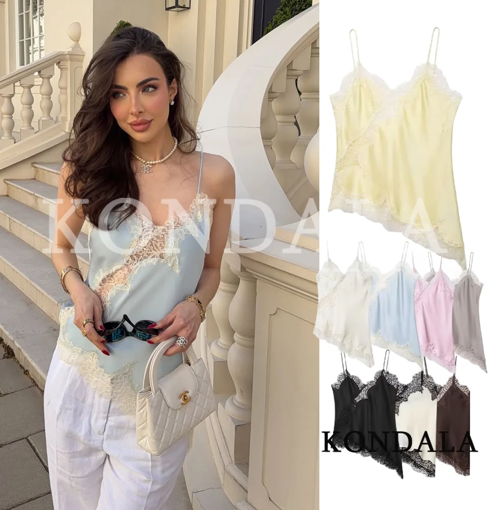 Damen Trendige Heiße Sexy Tops mit Spitzenbesatz und Rüschen, Asymmetrischer Saum, Cami-Tops 2026 Mode Frühling Sommer Urlaub Dinner Sexy Oberteile