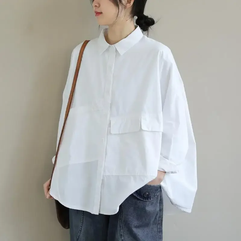 

Casual Vintage Women Spring Autumn Long Sleeve Shirts Solid Color Cotton Blouses Lapel Loose Button Up Shirt Camisas E490