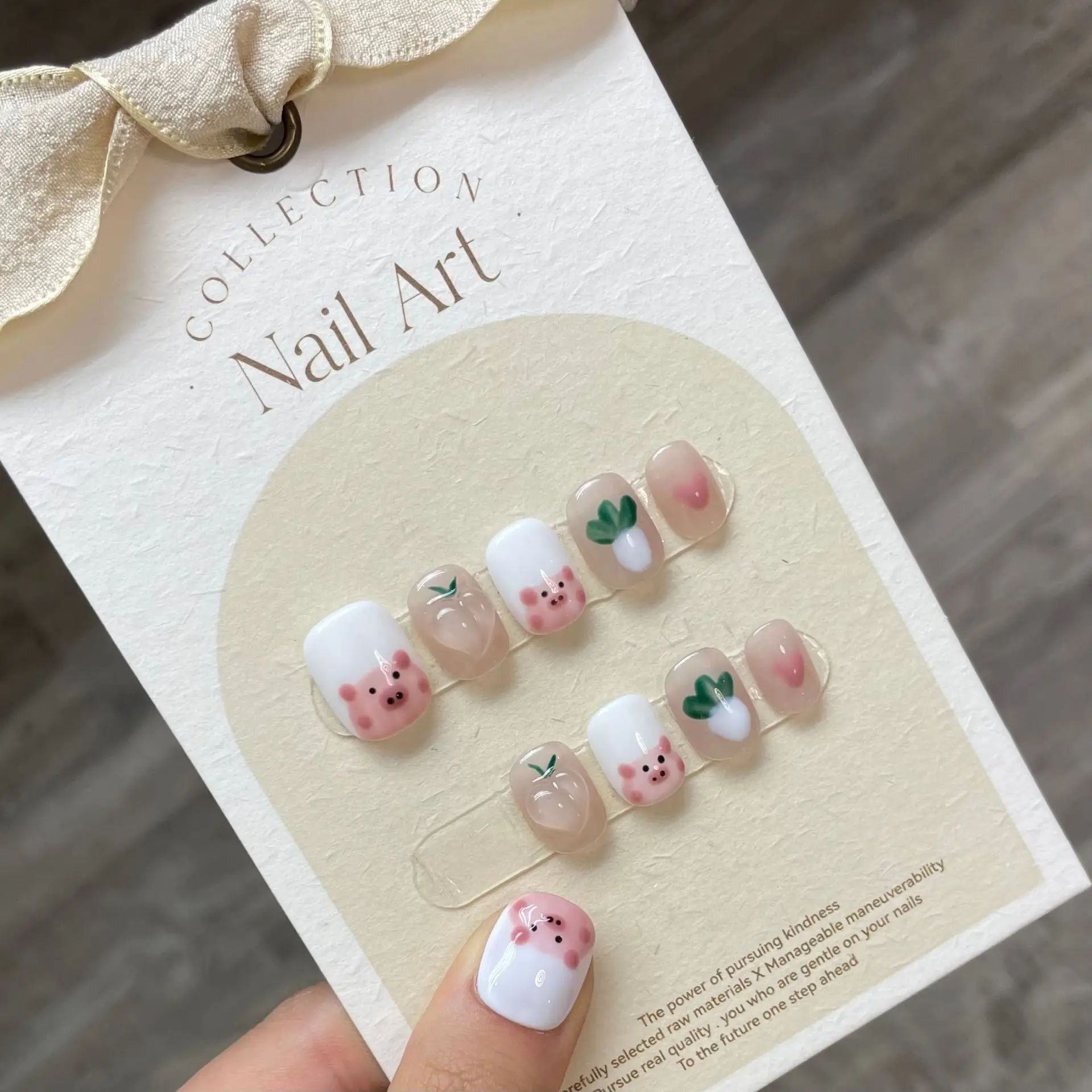

10 PCS Luxury Handmade Press on Nails Short Circle Cabbage Pig Design False Nails with 4-PIECE Tool Adhesive Nail Glue Tabs