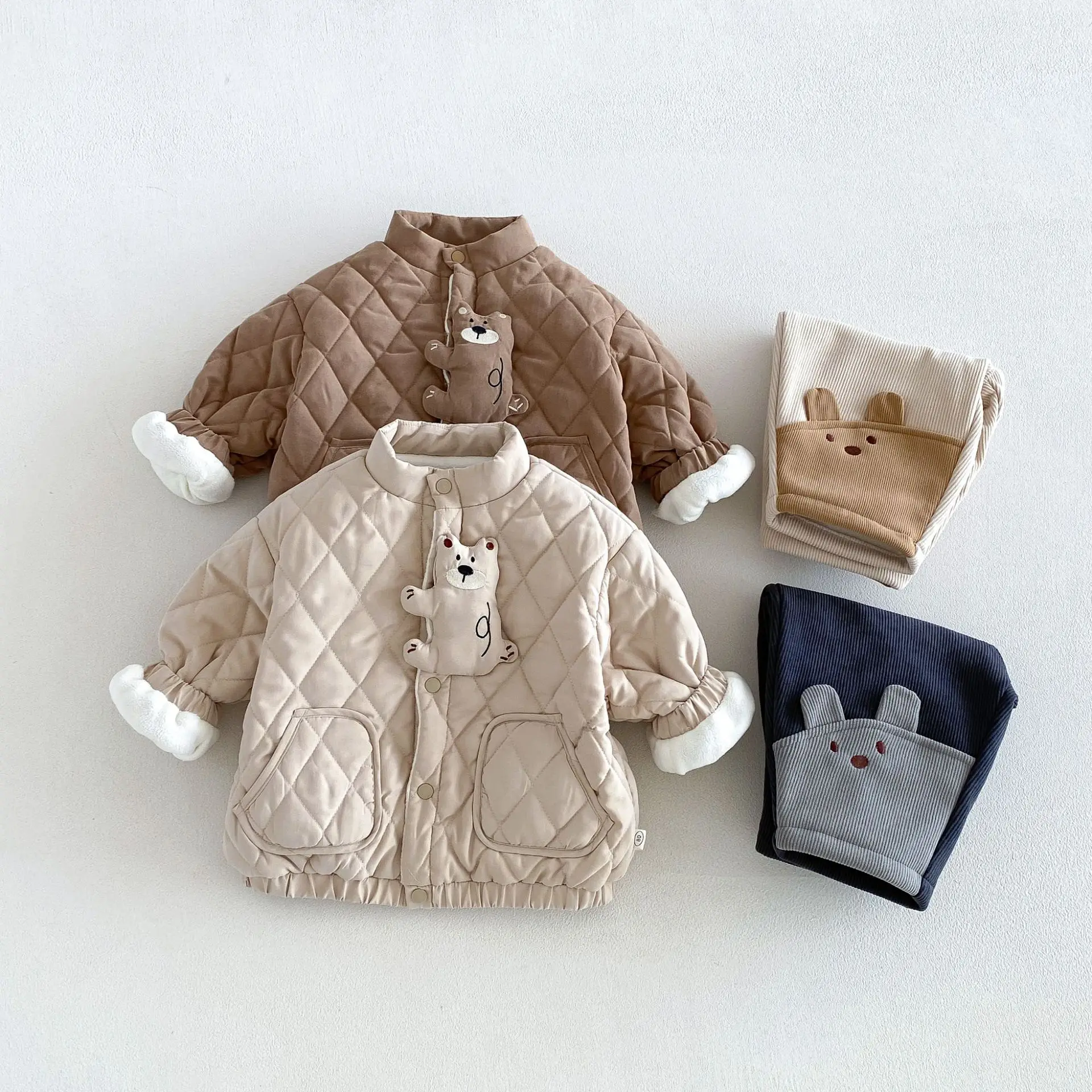 2026 New Winter Boys Cute Bear Padded Coat | Cartoon Peach Skin Fleece-Lined Jacket | Warm Outwear