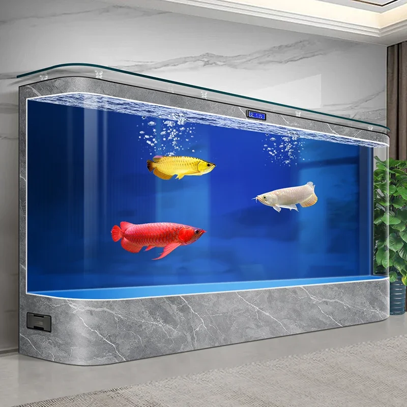 

2025 new large curved glass tank floor integrated molding high-end fish tank living room home wall high definition aquarium