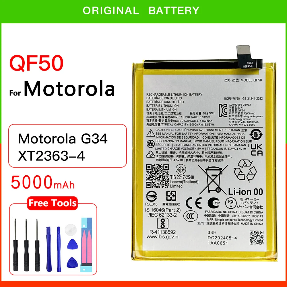 

100% Original Genuine 5000mAh QF50 Battery For Motorola G34 moto XT2363-4 QF 50 Batteries Batteria + FREE Kit Tools