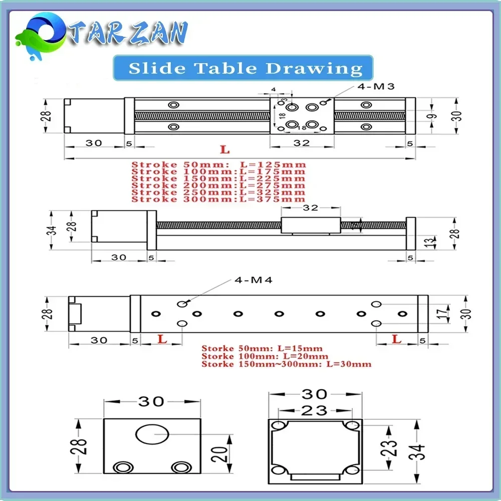 CNC Mini T-type Motorized Sliding Table Linear Rail Platform 50-300mm Nema11 Motor Drive Kit Electric Linear Stage X Y Z Axis