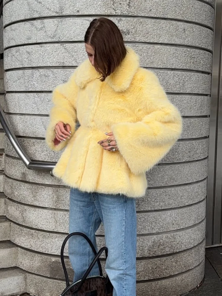 

Chic Lapel Fashion Faux Fur Coat Women Plush Long Sleeved Waist Cinched Slim Warm Jacket 2026 Winter Daily Commute Street Wears