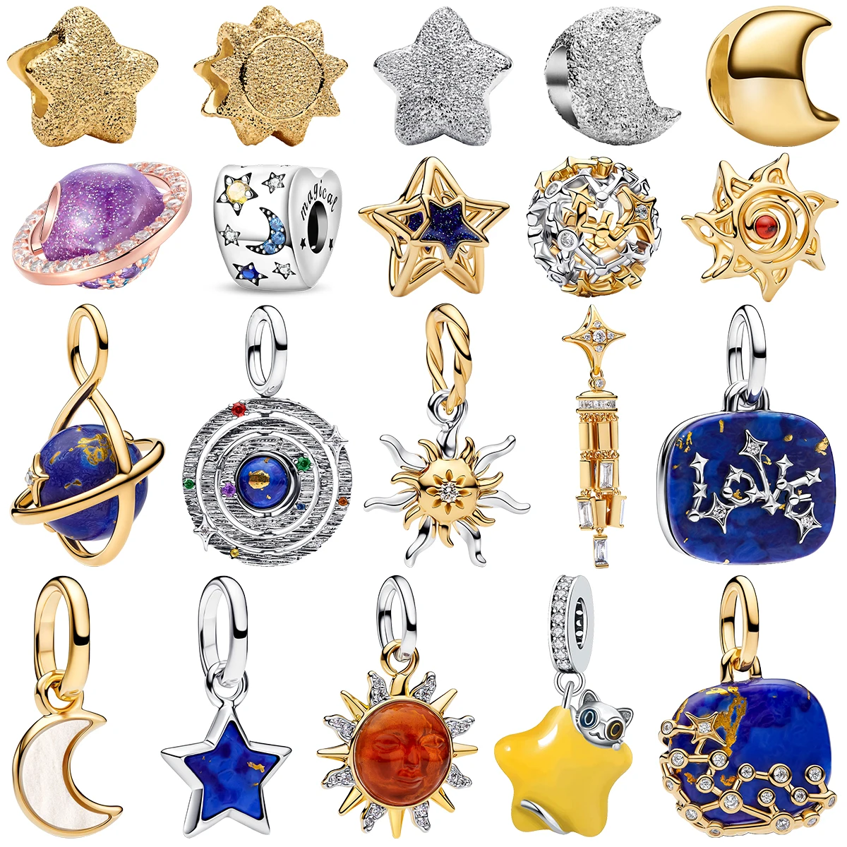 New 925 Sterling Silver Charms Star Moon Sun Planet Cosmic Galaxy Crystal Inlay Beads Pendant Fit Bracelet DIY Handmade Jewelry