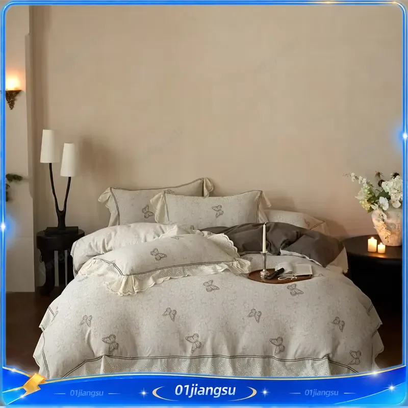 Natural Linen Cotton Lace Edge Butterfly Bedding Set 4Pcs Duvet Cover Flat Fitted Sheet Pillowcase Double Queen King Size