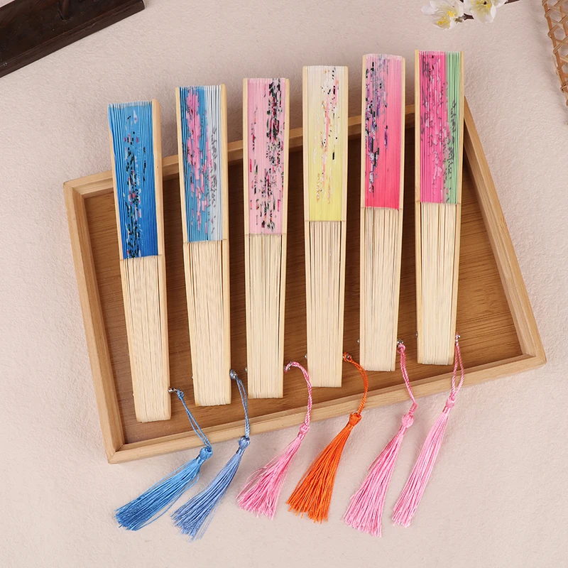 Classical Printed Silk Folding Hand Fan Tassel Chinese Bamboo Fan Dance Performance Props For Wedding Party Decoration