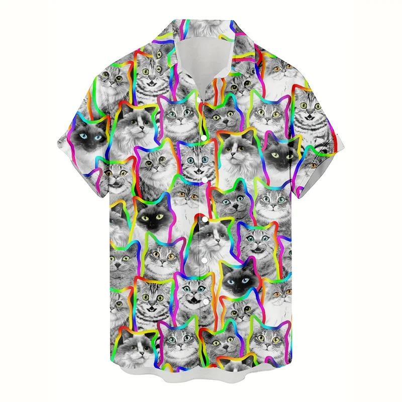 Koszula hawajska męska z nadrukiem 3D zwierząt, kota, psa, świnki, krótki rękaw, nowy wzór, letnia koszula plażowa z kołnierzykiem i guzikami