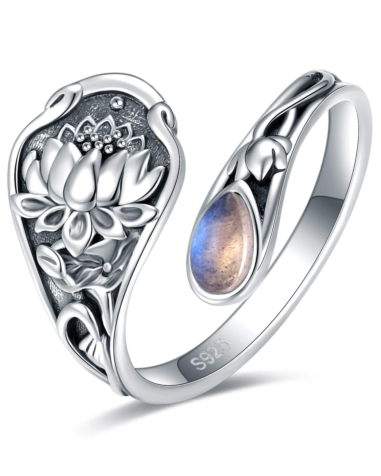 

925 Sterling Silver Moonstone Lotus Adjustable Ring Elegant Bohemian Style Jewelry Natural Vintage Gift for Women Wife Friends