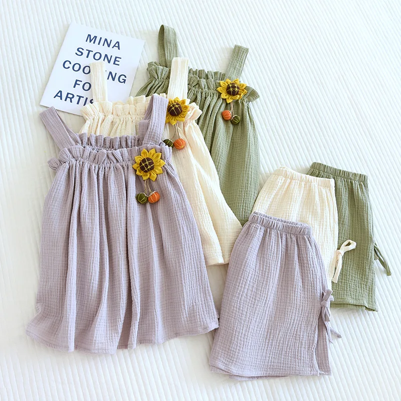 

2024 summer new women's pajama suit 100% cotton crepe suspenders+shorts thin cute home clothes two-piece set sleepwear pajamas