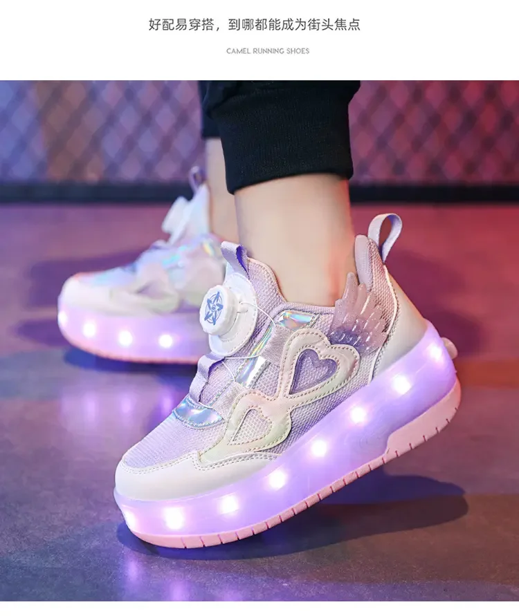 Children Two Girls Wheels Luminous Glowing Sneakers Heels Pink Led Light Roller Skate Shoes Kids Led Shoes USB Charging 29-38