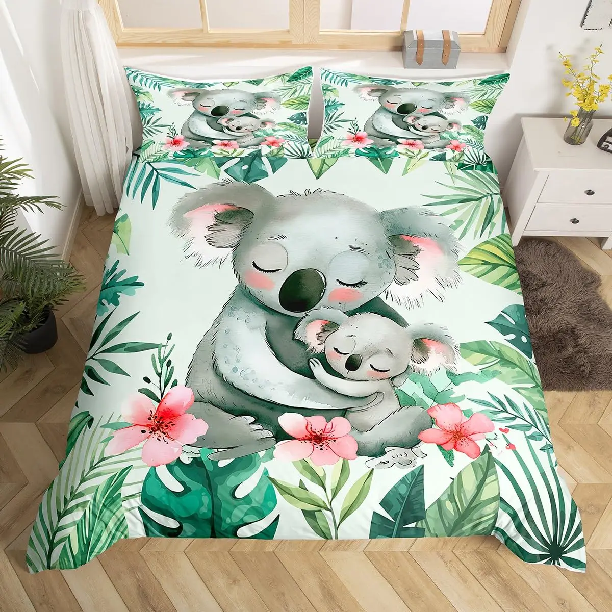 Kids Koala Duvet Cover Set, Blooming Floral Branch with A Bear Comforter Cover, Palm Tree Leaf Wildlife Cartoon Bedding Set,Twin