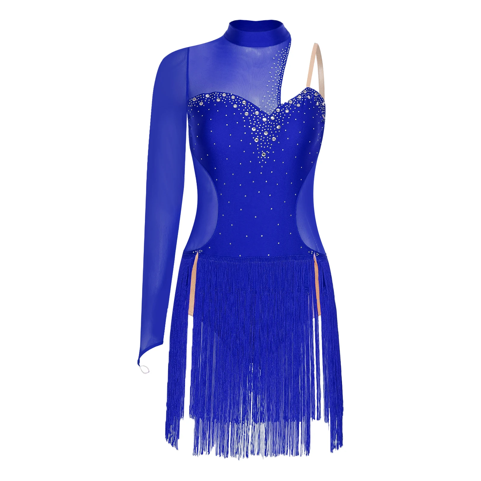 

Women Competition Latin Dress Mesh Cutouts Non Scratch Rhinestones Asymmetric Fringe Tango Salsa Dresses Performance Costume