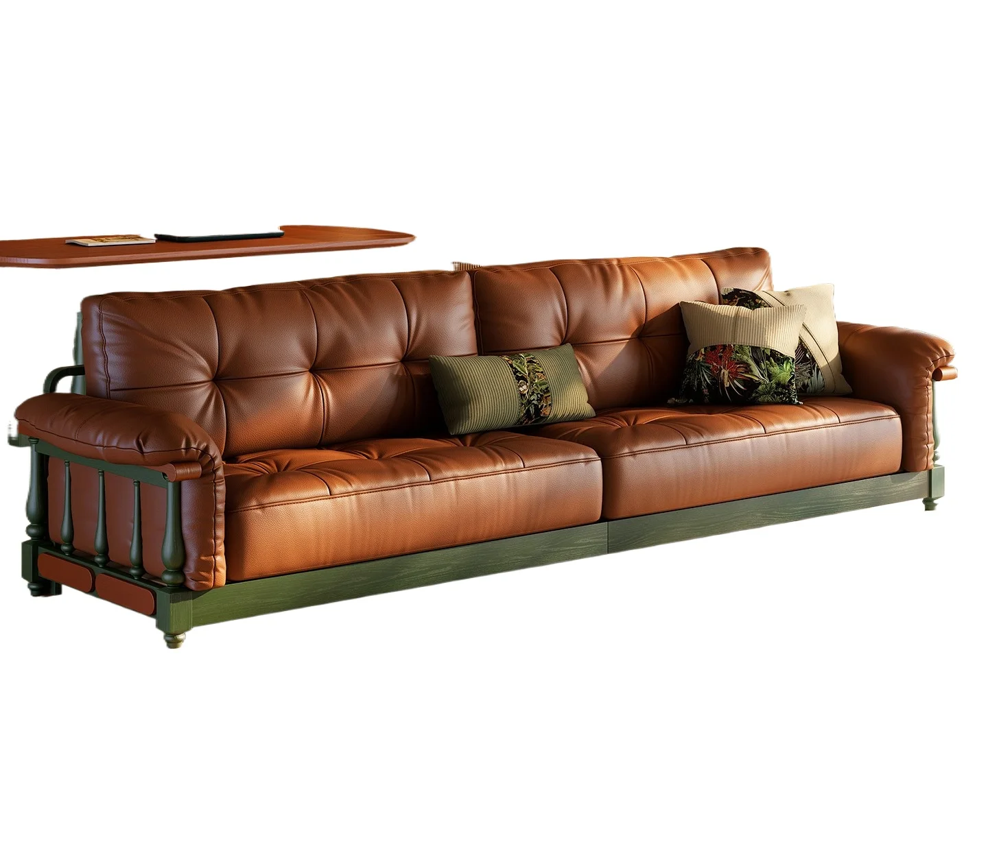 

French retro style straight row sofa leather sofa antique living room three people first layer cowhide