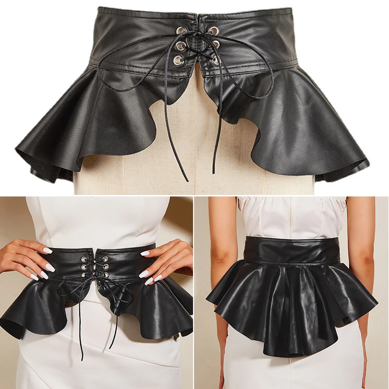 Woman Wide Black Corset Belt High Waist Ruffle Skirt Waist Belt Layered Swallow Tail Waist Seal Lace-up PU Leather Cummerbunds