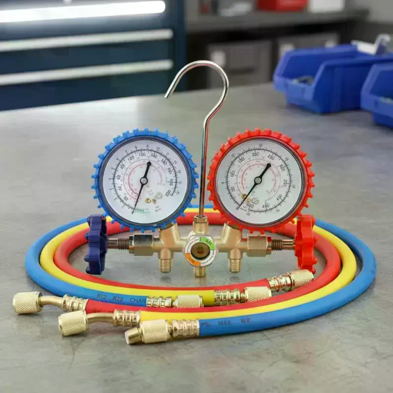 3 Way AC Diagnostic Manifold Gauge Set with Hook Durable Refrigerant Testing Tool for R12 R22 R404A R134a Freon Charging