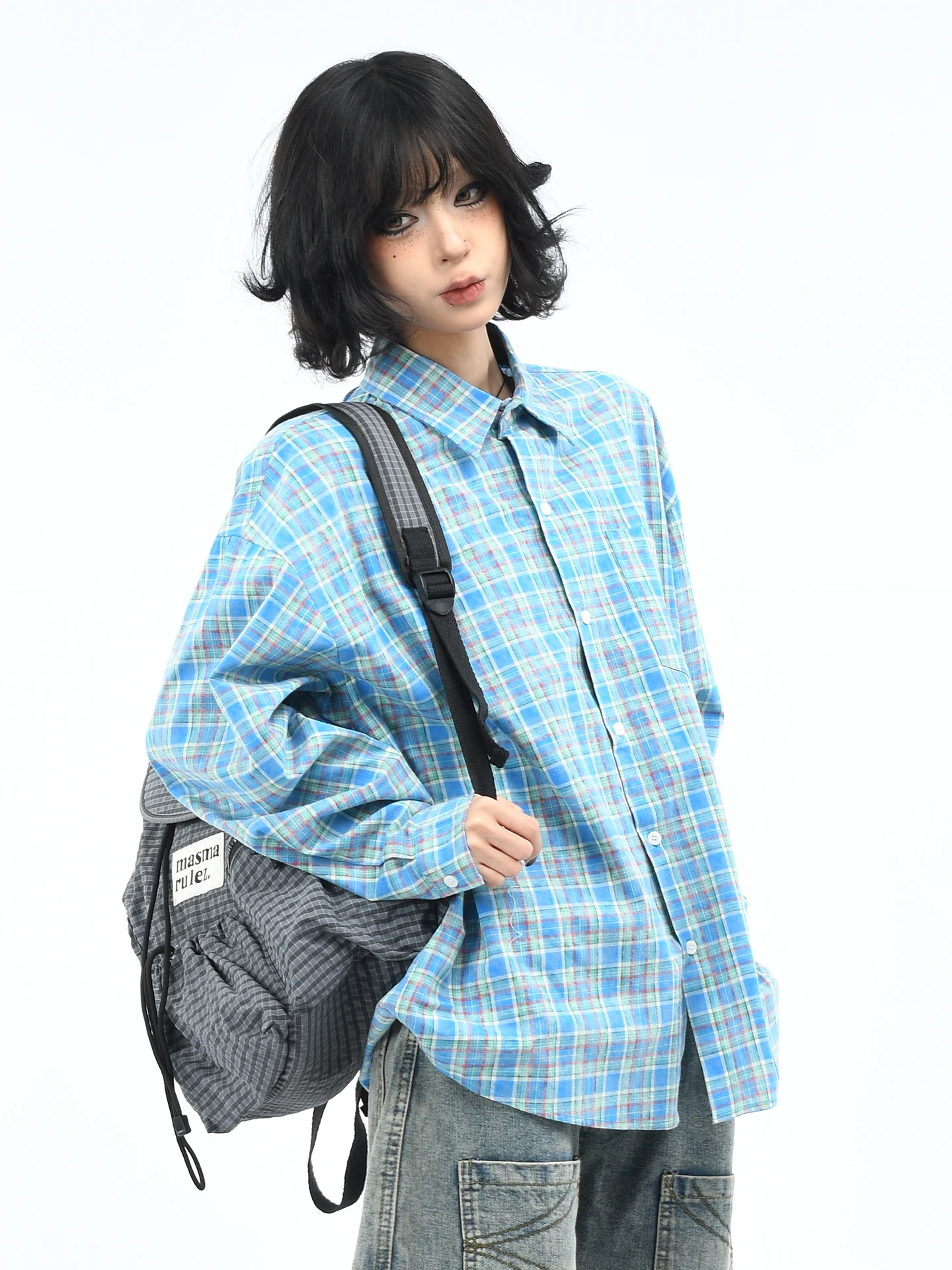 

Оригинальная американская рубашка OV в стиле ретро с вышивкой, синяя в клетку, свободного кроя, с длинным рукавом, для мужчин и женщин, осенняя уличная мода, трендовая.