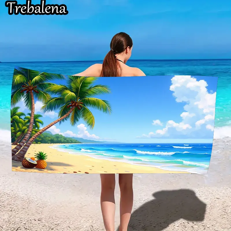 

30*60inch Ultra-Soft Beach Towel with Tropical Beach Scene Palm Trees Sand Towel