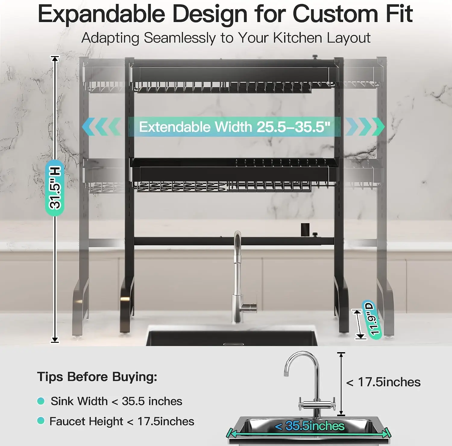 MAJALiS 3 Tier Extra Large Stainless Steel Over The Sink Dish Drying Rack | Rust Proof Metal, Expandable Kitchen Sink Drainer, C