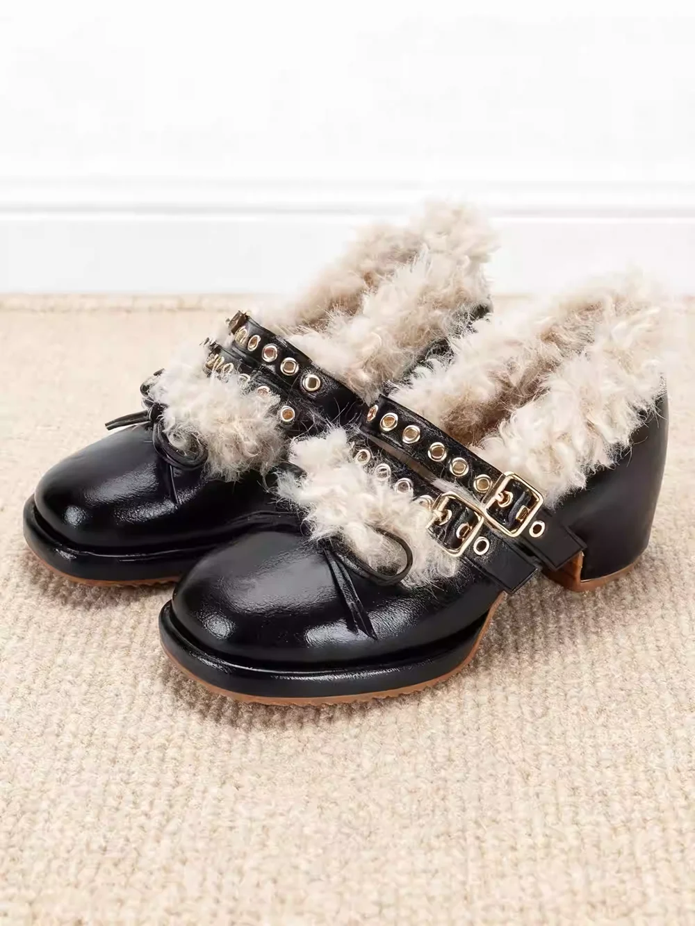 

Retro Black Patent Leather Lady Shoes White Faux Fur Cuff Studded Strap Gold Buckle Accent Chunky Sole Winter Sweet Style Shoes