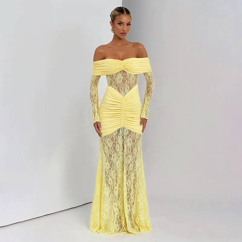 

Elegant Pleated Slim Bodycon Maxi Long Women Dress Women Off Shoulder Dress Lace Patchwork Sexy Party Lady Chic Dress