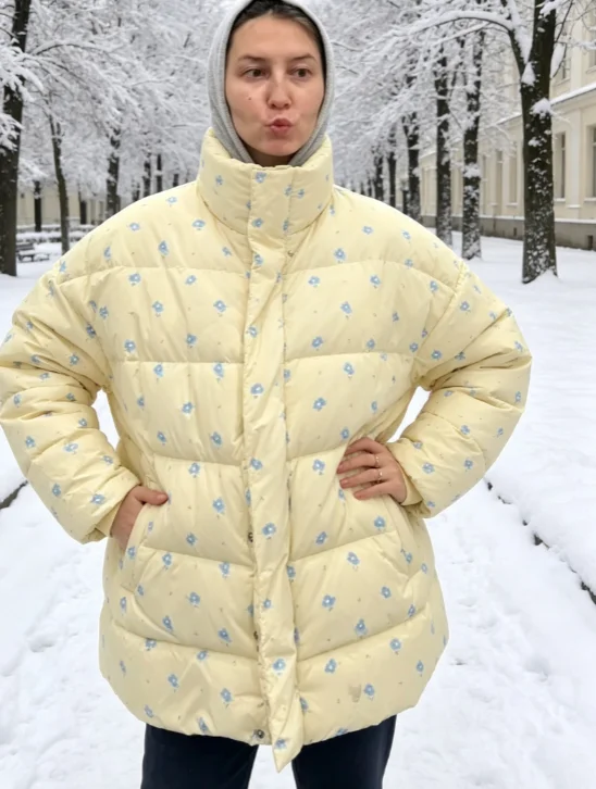 Women Solid Floral Print Puffer Jacket Fashion Stand Collar Loose Oversized Warm Cotton Coat Winter New Casual Trendy Outerwear
