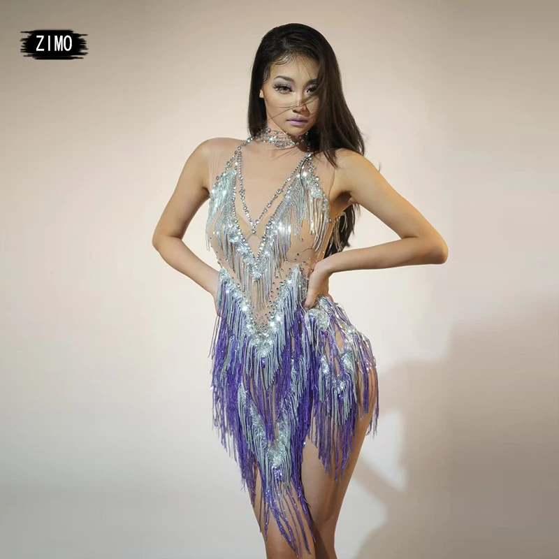 

High-end Customization Women Sexy Latin Dance Dress V-neck Tassel Latin Jazz Dance Performance Clothing Bar Gogo Singer Dress Up