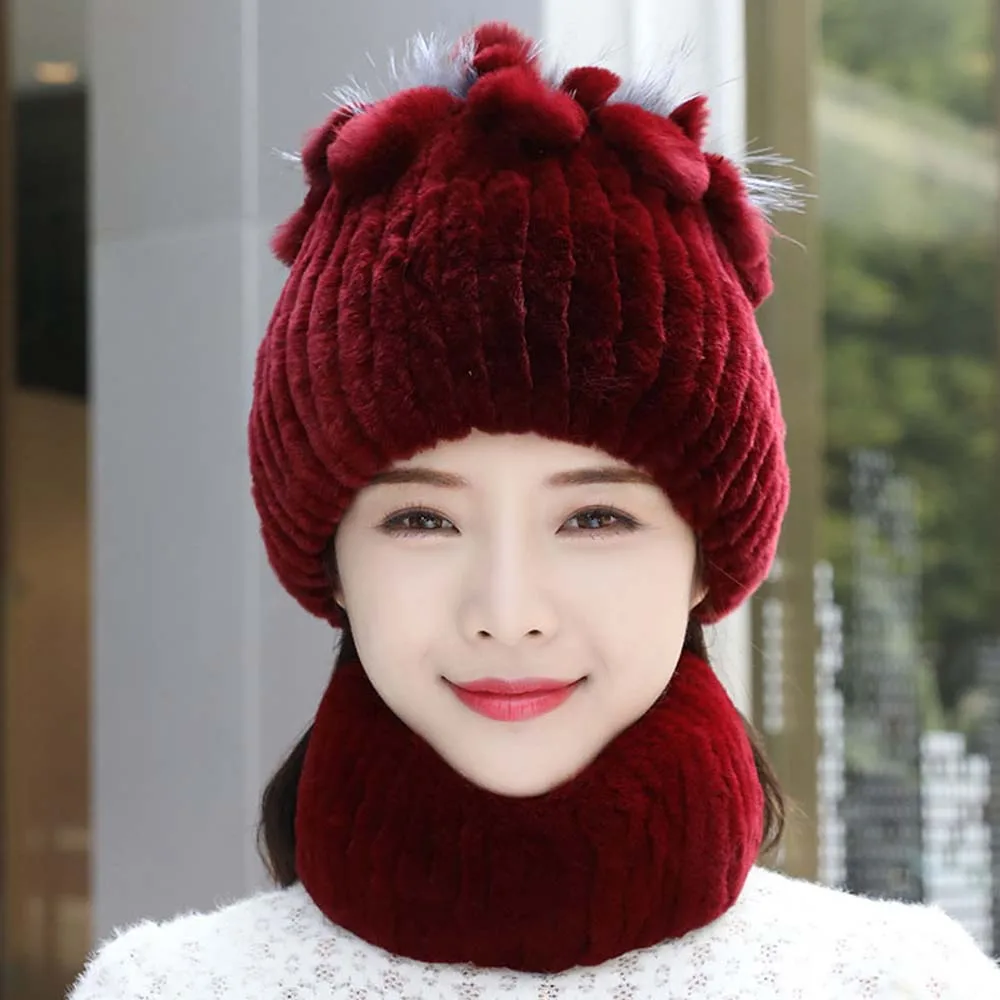 2025 100% حقيقية ريكس الأرنب الفراء القبعات طقم أربطة عنق سيدة الدافئة محبوك الشتاء الفراء الحقيقي قبعة الدافئة ريكس الأرنب 2 قطعة قبعات الفراء وشاح #2