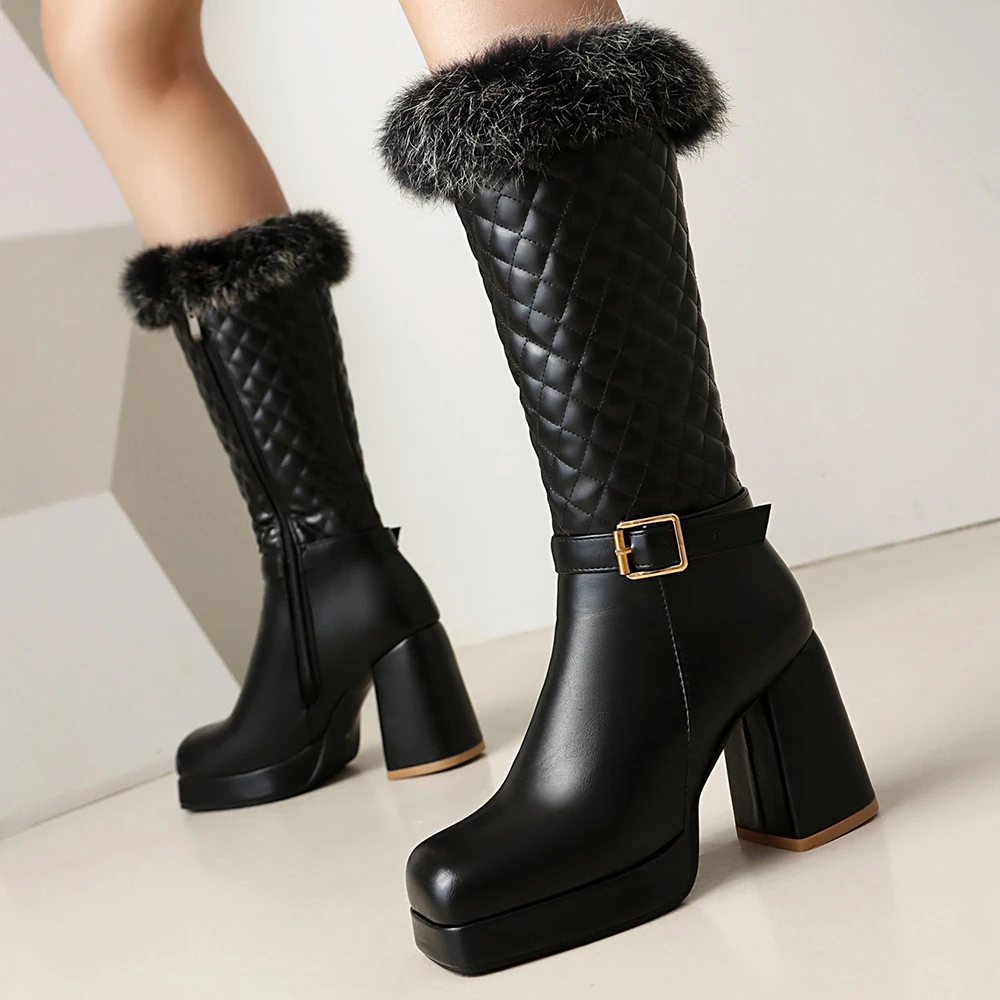 Casual Women platform Snow Boots Buckle Women Knee High Boots Warm Fur Winter Riding Boot Female Black White Shoes Large Size 45