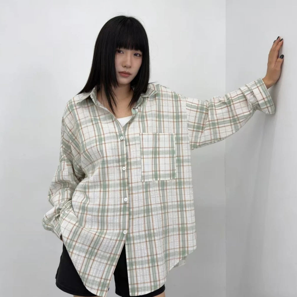 SuperAen Korean-style 2026 Summer New Oversized Simple Classic Plaid Vintage Tops for Women Sun-protective Loose Shirts