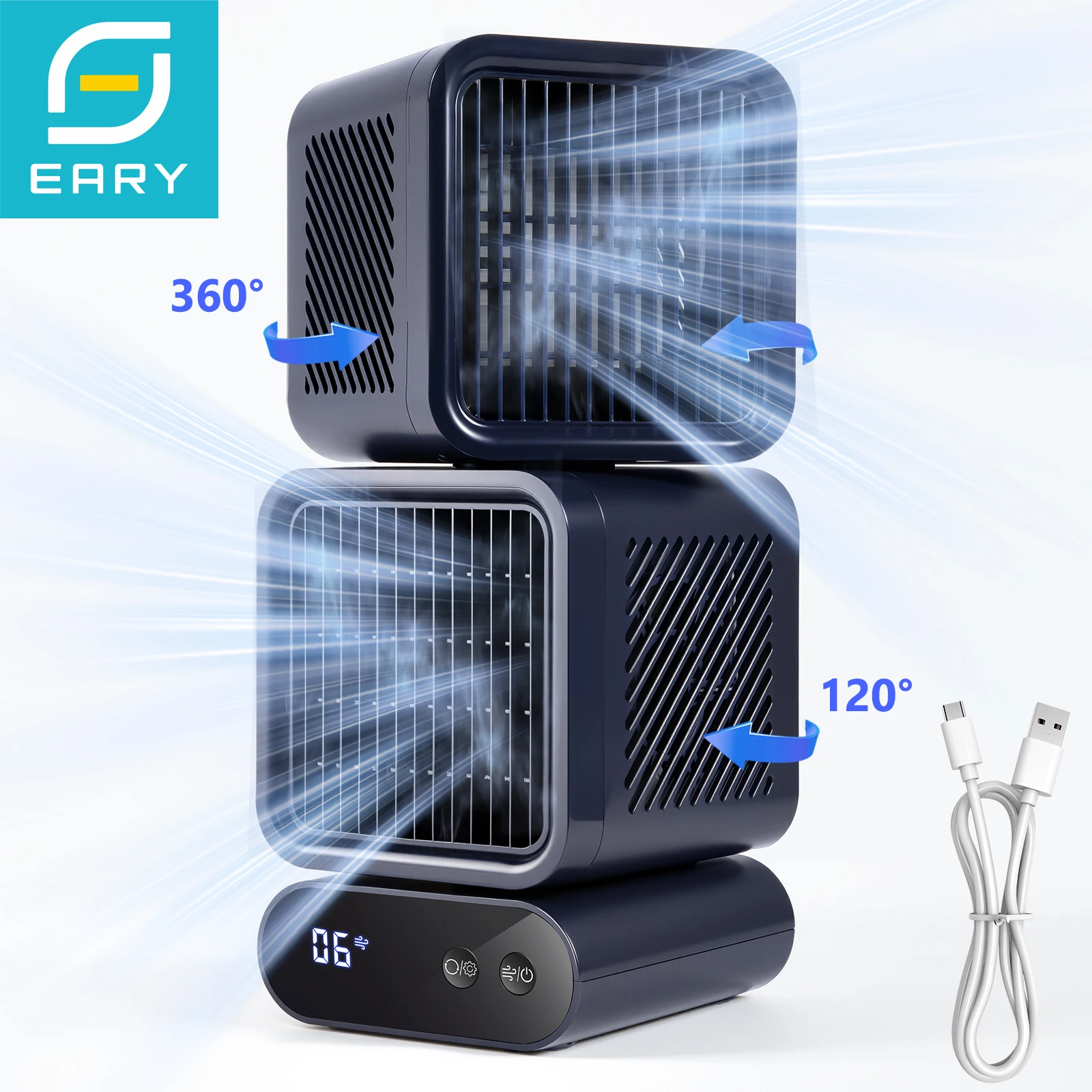 Eary Dual Head 4000mAh Portable Oscillating Fan 6 Speeds 120 Auto Rotation Tower Fan for Home Office Desktop Silent Cooling Fans