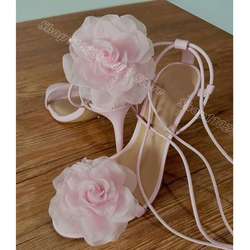 Pink Flower Decor Stiletto Sandals Open Toe Solid Ankle Buckle Dress British Style Fashion Women Shoes 2024 Zapatos Para Mujere