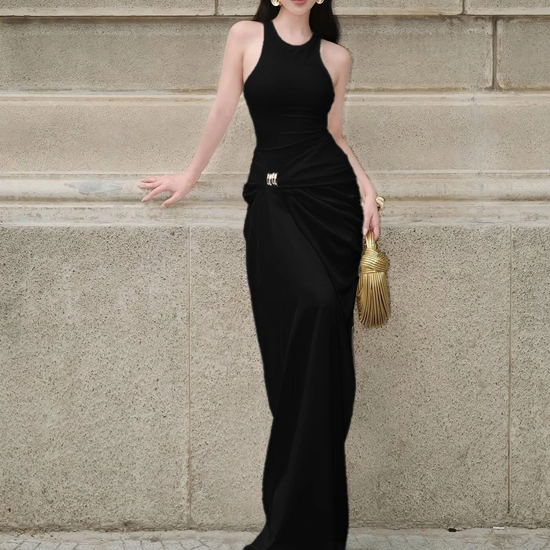 BKLD セクシーでエレガントなサテンパッチワークメタルリング装飾ノースリーブボディコンシャーリングイレギュラーマキシタンクドレス女性用パーティーウェア