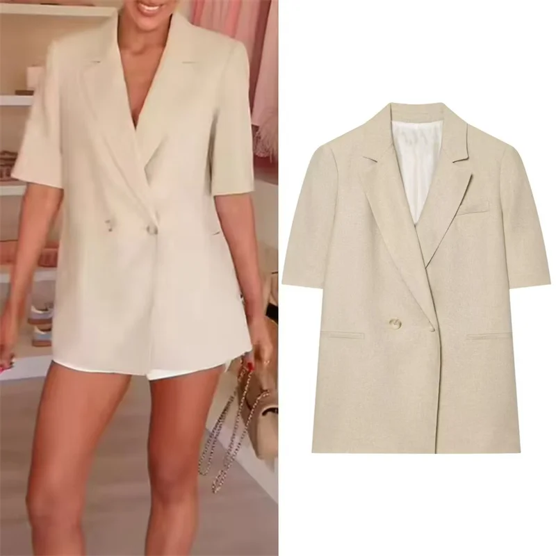 

Women's Jacket 2026 Summer New Khaki Short Sleeve Loose Simple Double-Breasted Blazer Casual Fashion Versatile