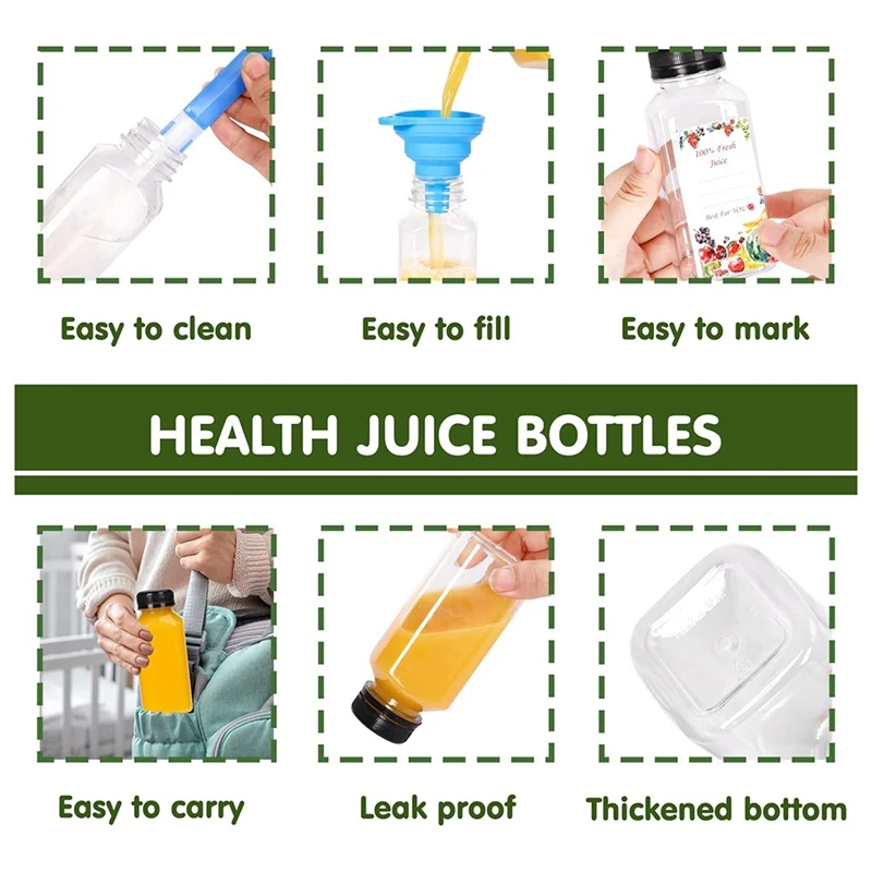 12Pcs Plastic Juice Bottles With Tamper Evident Caps, Reusable Clear Juice Containers With Labels, Funnel And Brush