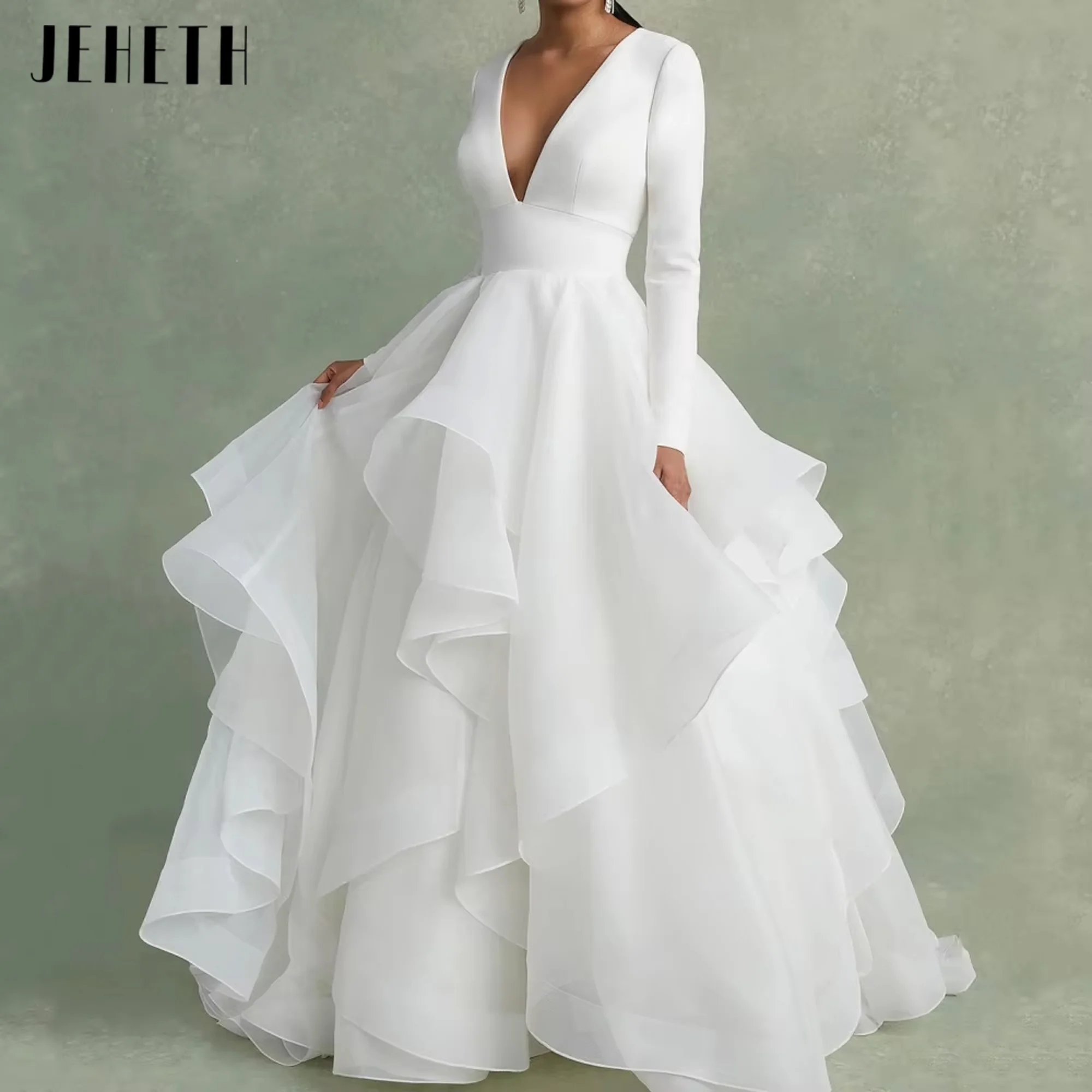 

JEHETH V-Neck Bridal Dresses Elegant A-Line Wedding Ball Gowns Long Sleeve Bride Robes Backless Simple Robe De Mariée Customized