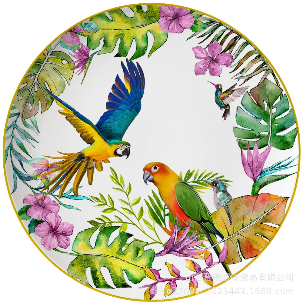 

New Parrot Bone China Tableware Set Pastoral Phnom Penh Western Food Plate Household Bowl Coffee Cup