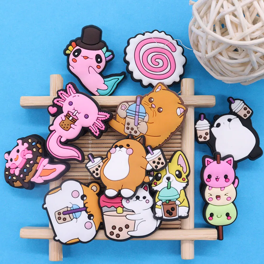 1-11Pcs PVC Animals Drinking Bubble Tea Food Lovely Shoe Charms for Phone Case Kids Accessories DIY Birthday Gifts