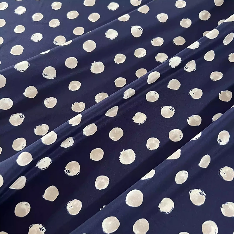 1 meter 100% Mulberry Silk 25 momme Heavy Crepe Silk Fabric Navy Color Dots Printed 114cm 45
