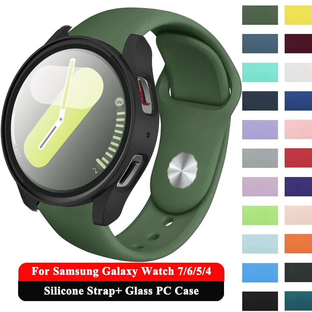 Funda de vidrio templado para PC y Correa de silicona para Samsung Galaxy Watch 7, 6, 5, 4, 40mm, 44mm, banda deportiva suave de 20mm