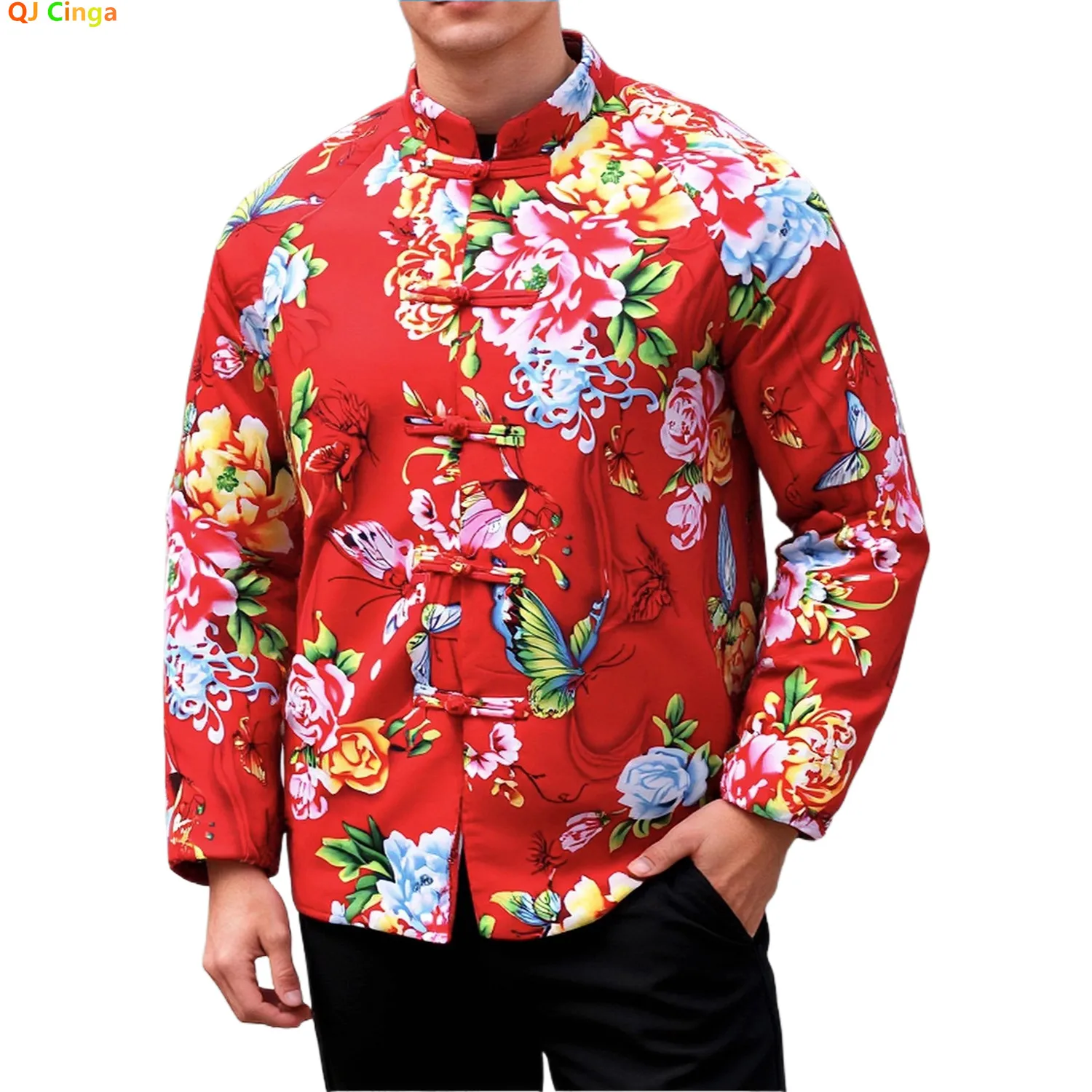 2026 Winter Men's Red Printed Parka, Chinese-style Single-breasted Stand-up Collar Cotton Coat, New Winter Warm Jacket.
