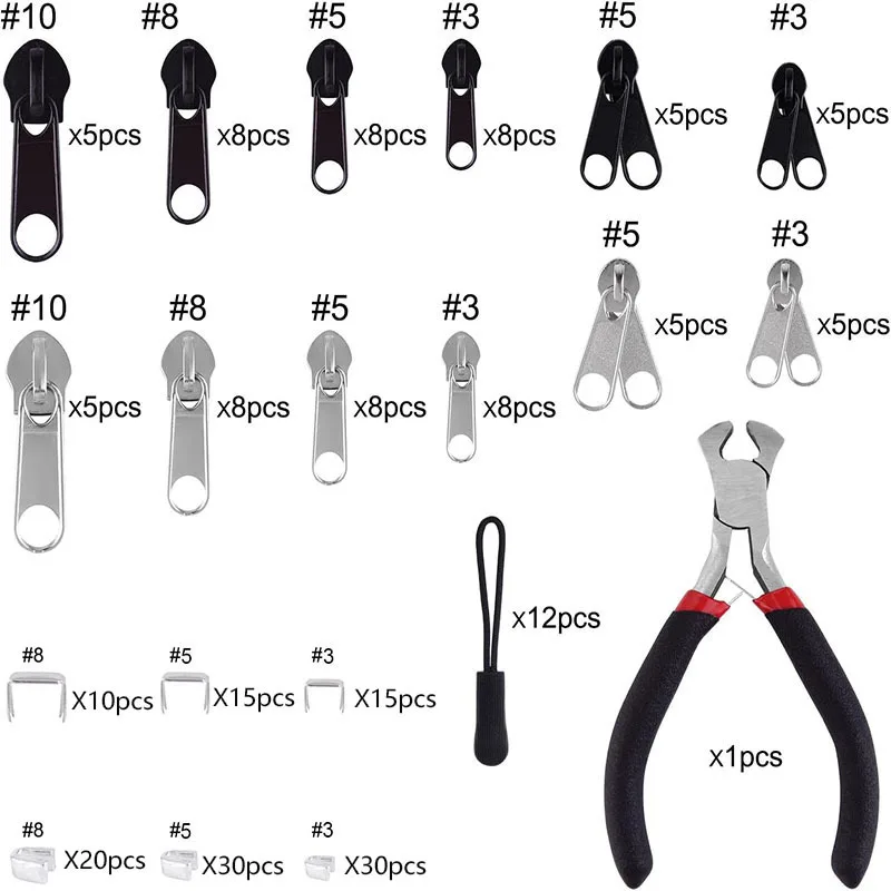 211 Piece Zipper Repair Kit with Zipper Pliers Replacement Sliders Metal Zipper Installation Tool for DIY Luggage Bags Jackets