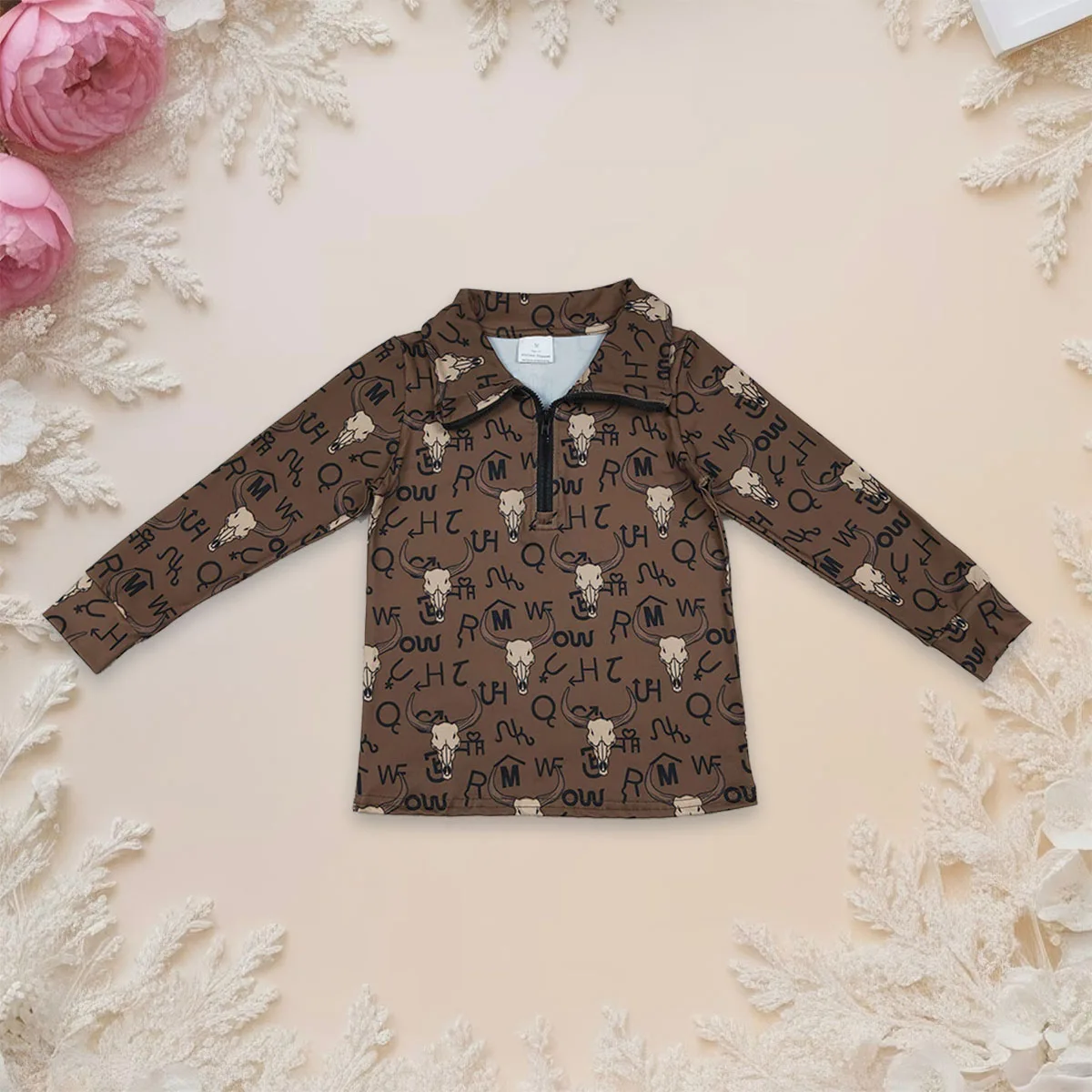 

Baby Boy Long Sleeve Zipper Western Bull Skulls Children Kids Shirts Tee T-shirts Fashion Infant Toddler Pullover Tops Wholesale
