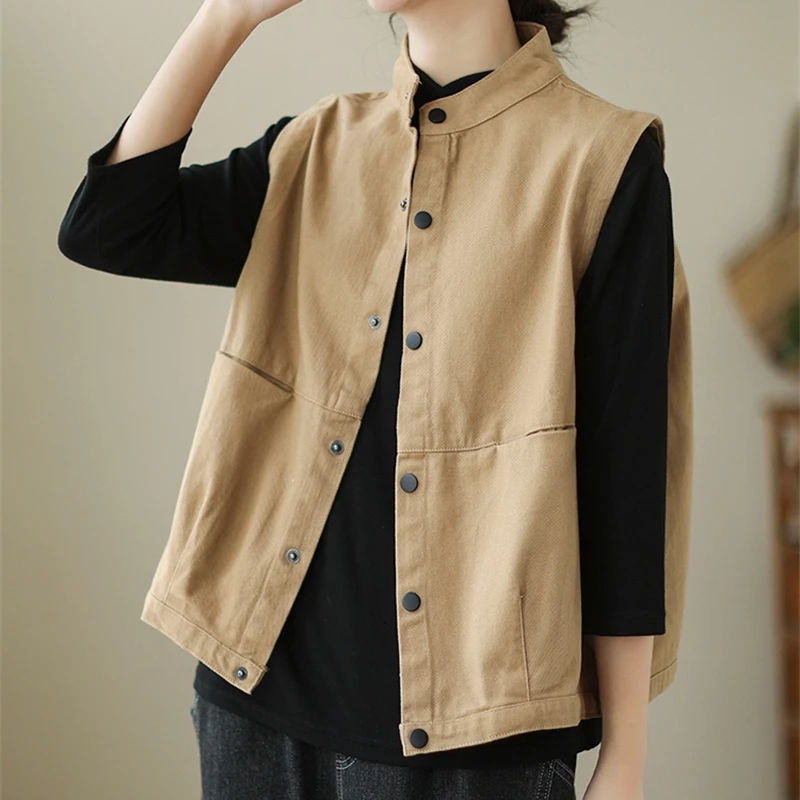 

Short Women's Coat Retro Sleeveless Vest Jackets Spring New Stand Collar Single Breasted Pockets Casual Tops Female Waistcoat