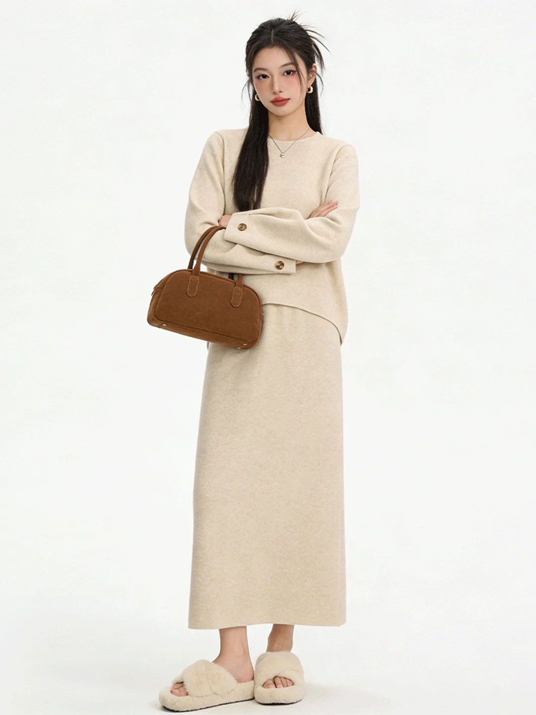 Soft Knitted Skin-friendly Set Early Spring High-waist Slit  Skirt Long Sleeve round Neck Casual Fashion Ensemble