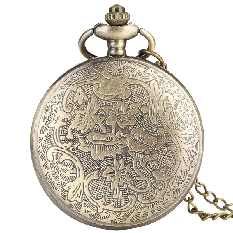 Bronze Engraved Castle Map Pattern Men Women Quartz Pocket Watch Sweater Necklace Chain Full Hunter Retro Timepiece Gift