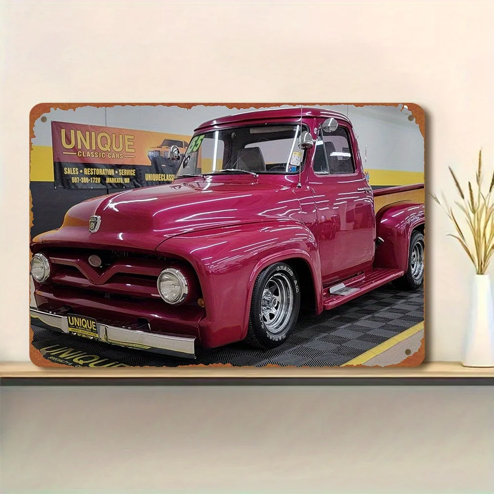 Vintage Car Metal Sign - Classic Pink Pickup Truck with 
