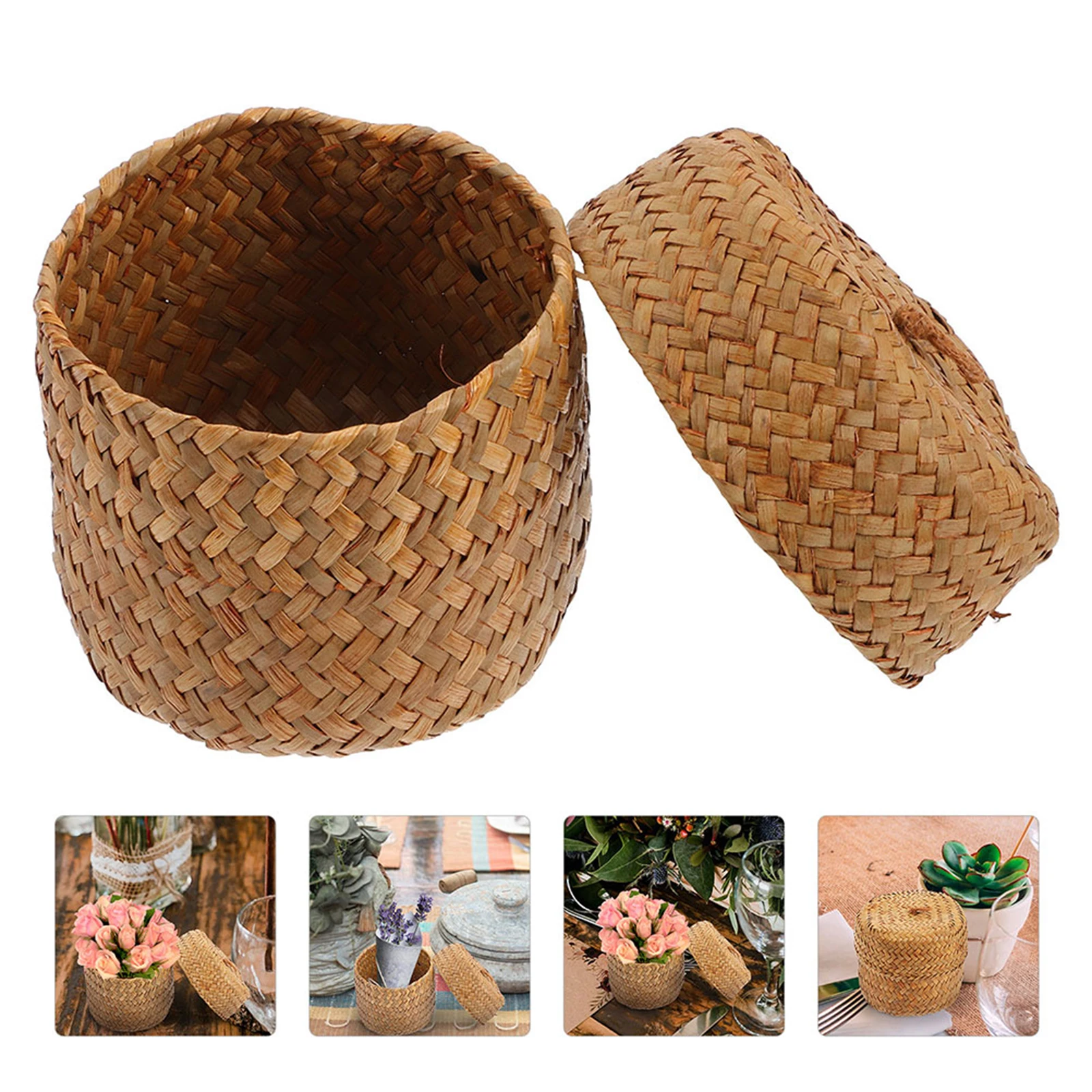 

2Pcs Rustic Woven Seagrass Basket with Lid Vintage Gift Box for Wedding Party Kitchen Storage Organizer Woven Seagrass Basket